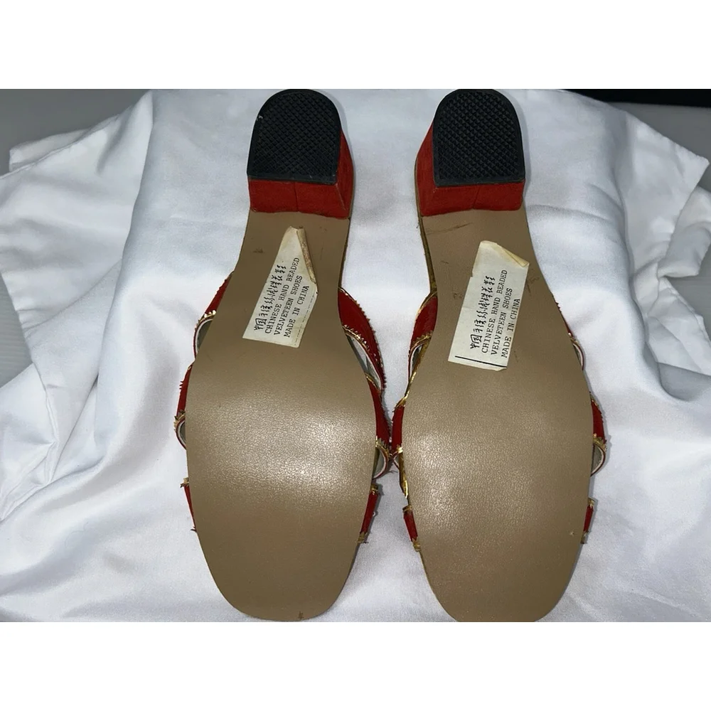 Vtg Princess C. European Style Chinese Velveteen Handmade Shoes Slides Heels 8 - Picture 7 of 12